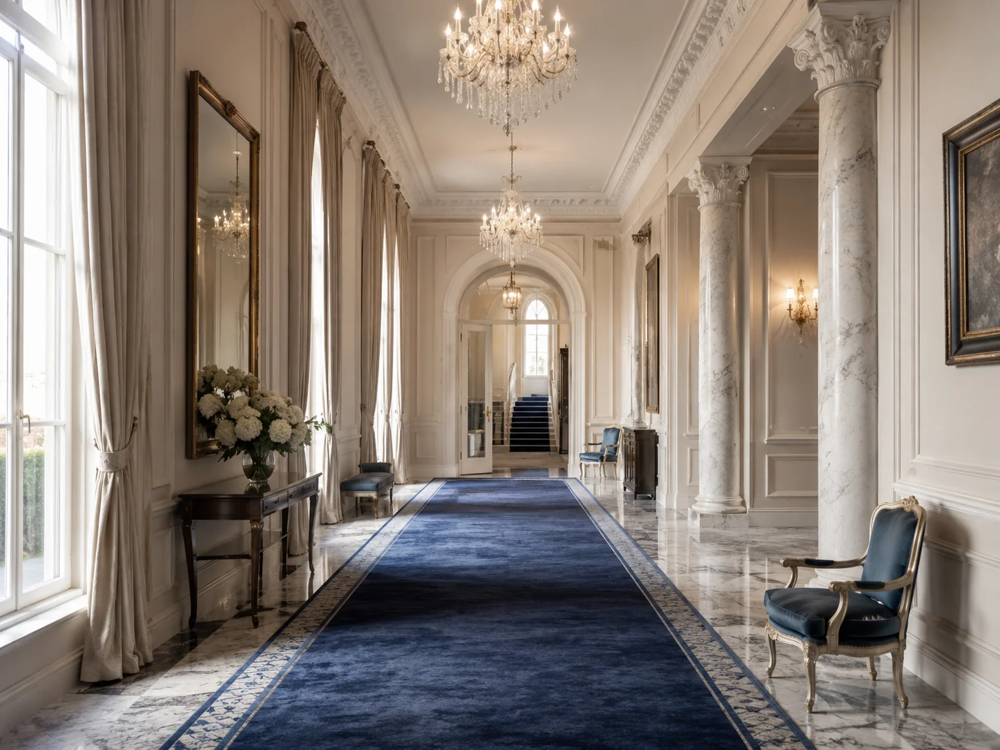 Albert Court inspired interior with blue wool carpet, marble floor, long curtains and chandeliers