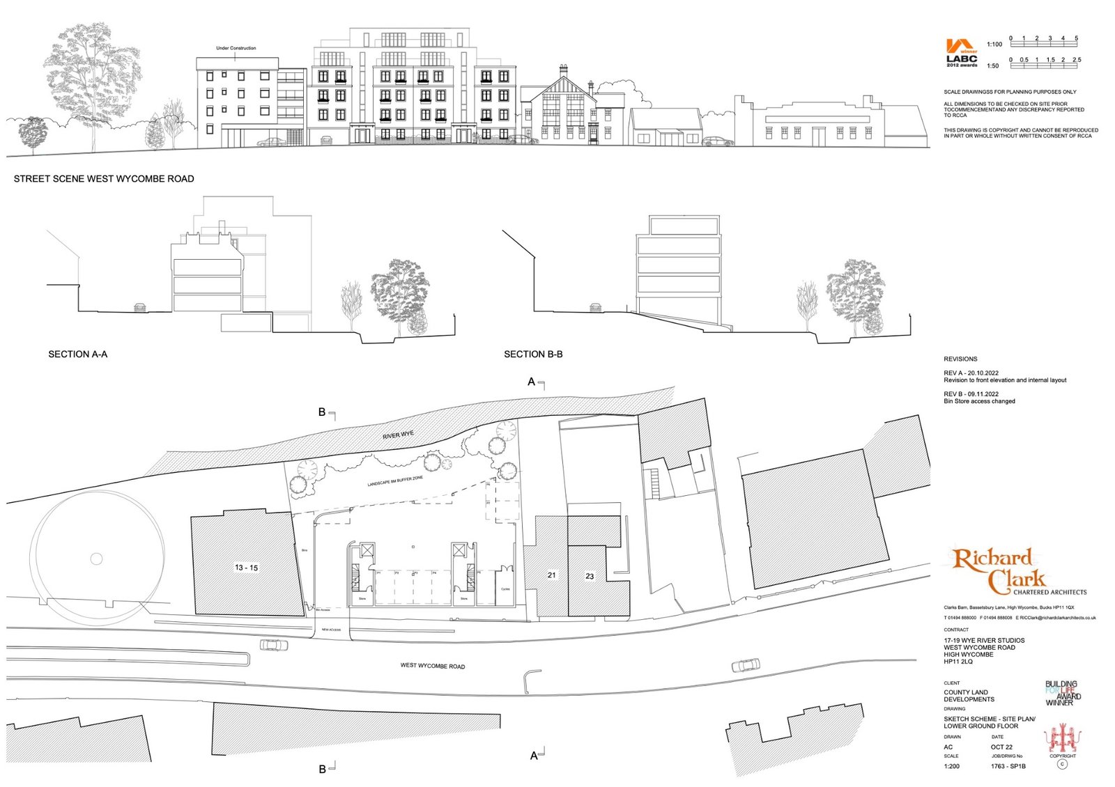 Architectural street elevation, sections and site plan for the West Wycombe Road development study