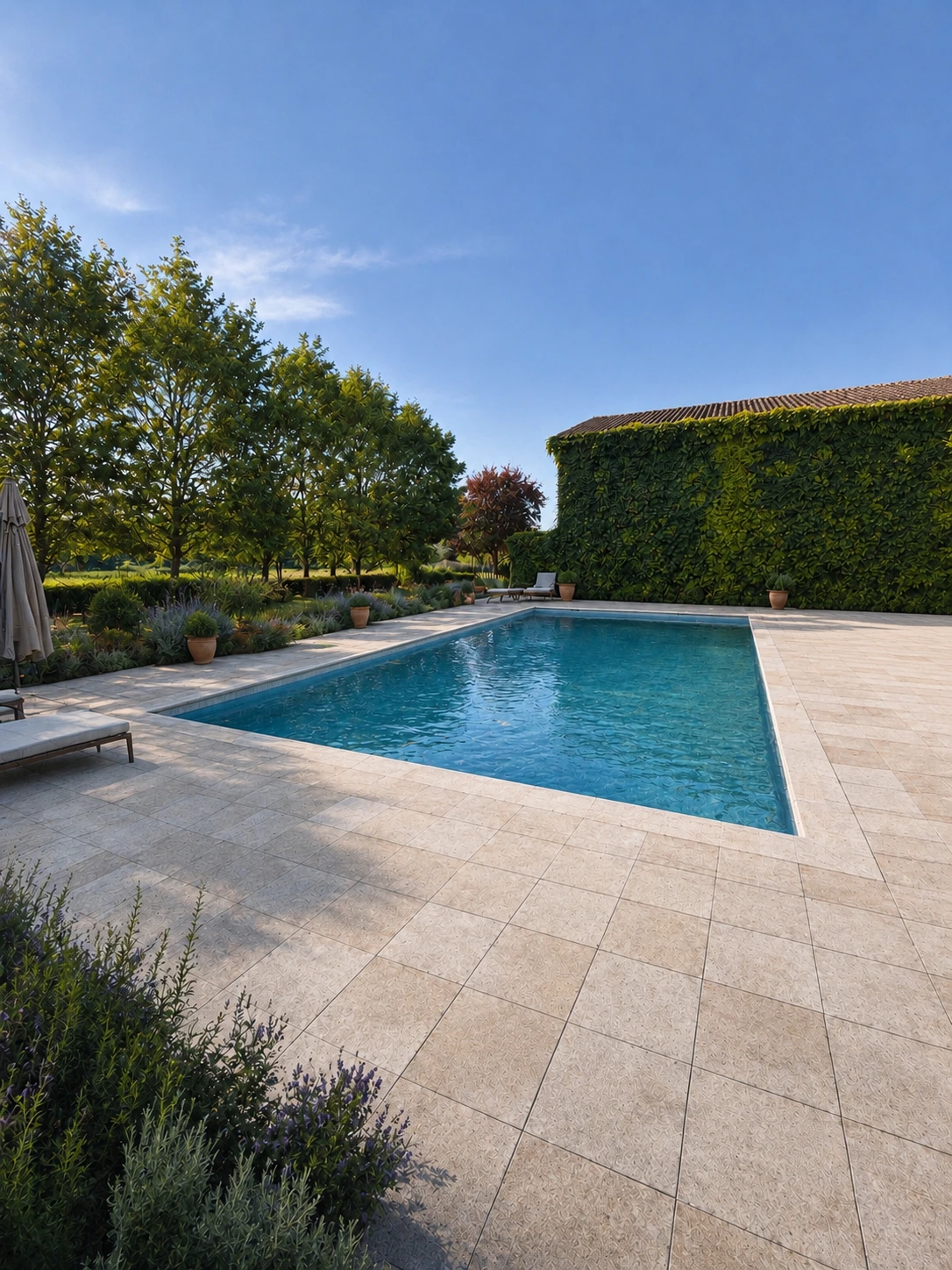 Restored pool terrace with ivy-covered building and French countryside planting