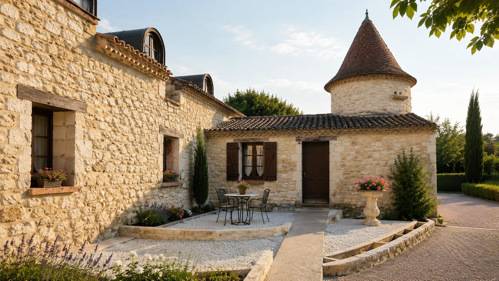 French stone farm courtyard with pigeonnier tower and stone walls